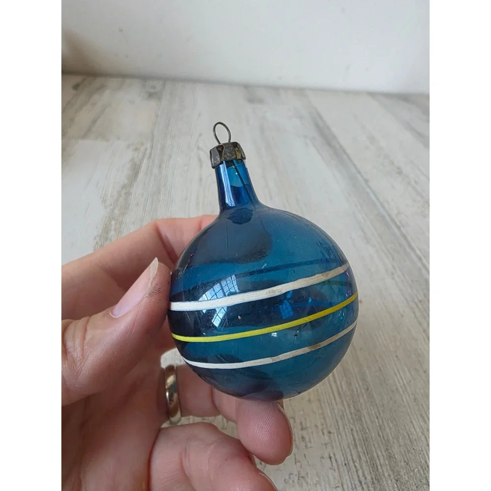 Vintage premier unsilvered blue striped glass ornament Xmas tree yellow white